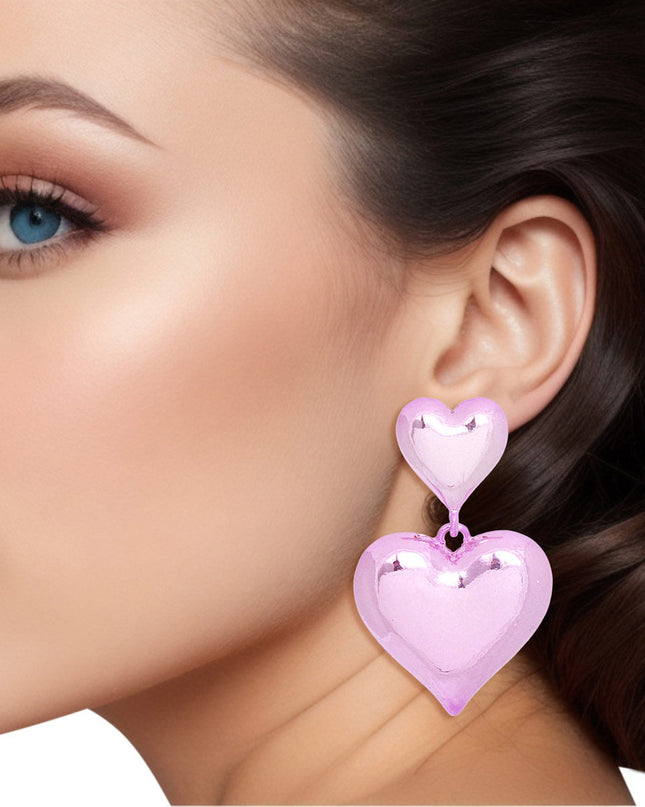 Dangle Pink Med Puffy Metal Heart Earrings Women