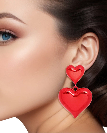 Dangle Red Med Puffy Metal Heart Earrings Women
