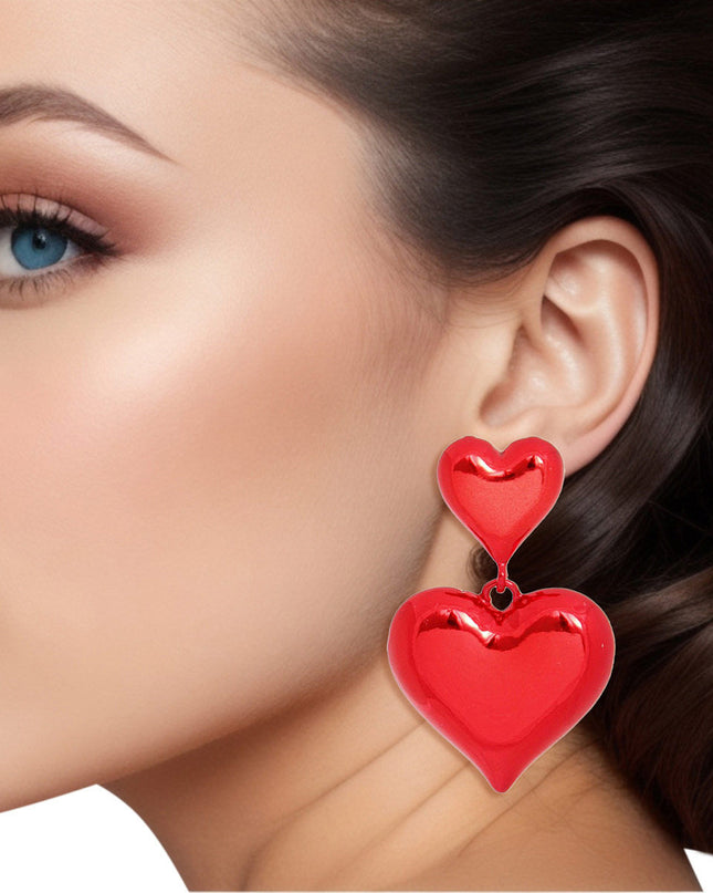 Dangle Red Med Puffy Metal Heart Earrings Women