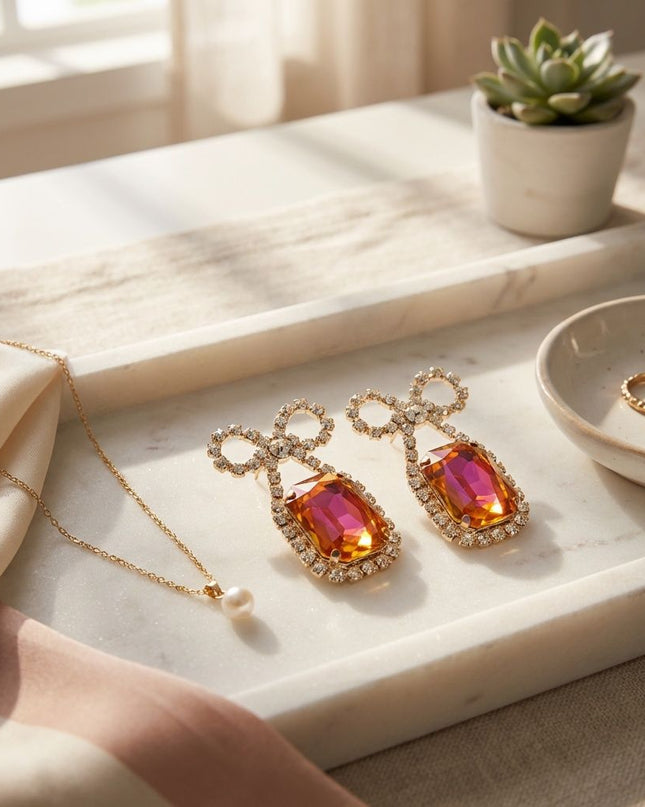 Dangle Date Night Purple Crystal Bow Earrings