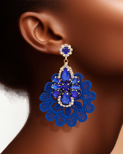 Royal Blue Fabric Lace Crystal Earrings