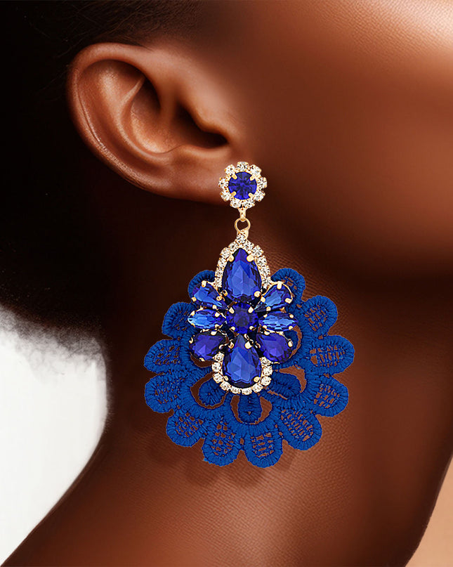 Royal Blue Fabric Lace Crystal Earrings