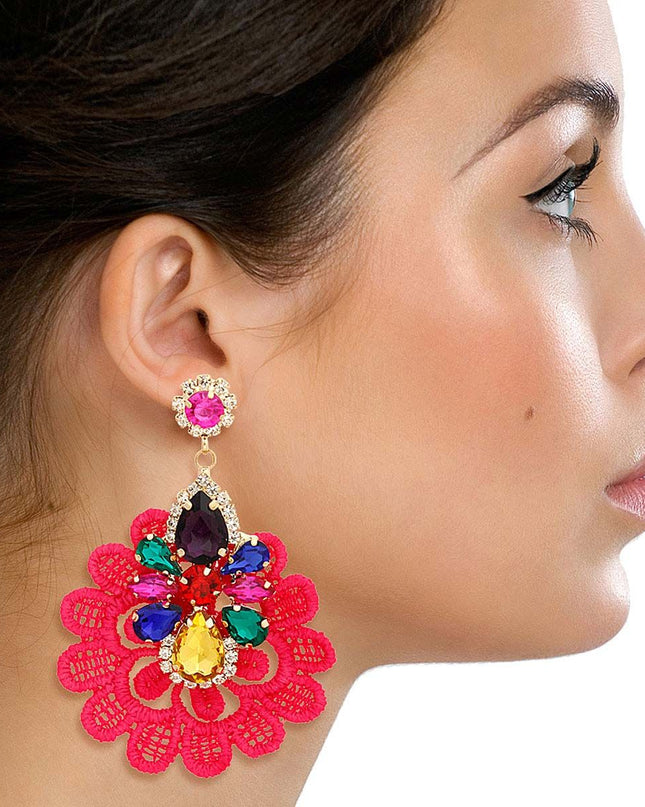 Pink Fabric Lace Crystal Earrings
