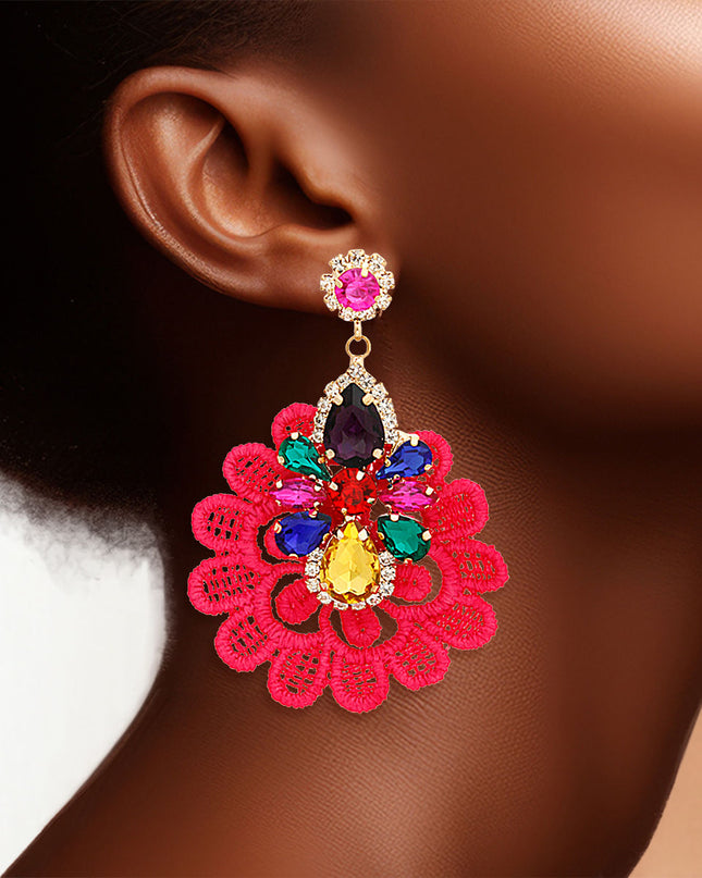 Pink Fabric Lace Crystal Earrings