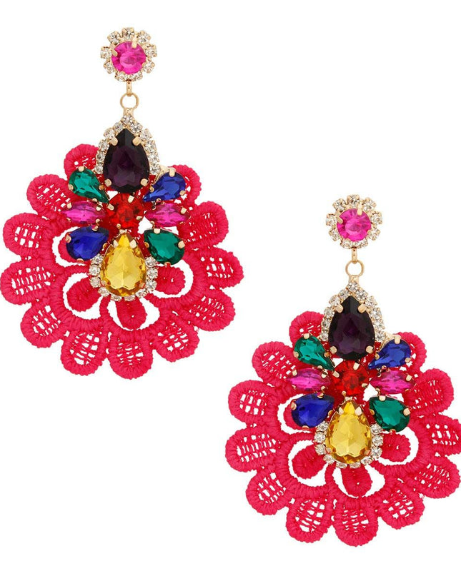 Pink Fabric Lace Crystal Earrings