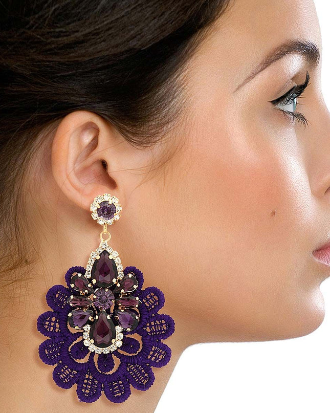 Purple Fabric Lace Crystal Earrings