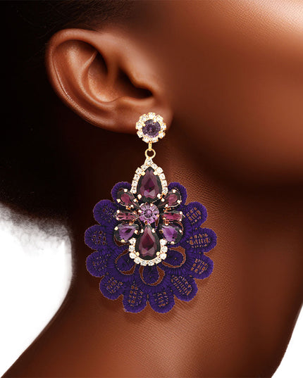 Purple Fabric Lace Crystal Earrings