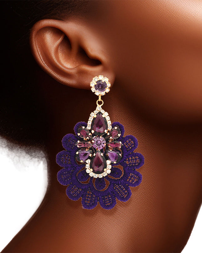 Purple Fabric Lace Crystal Earrings