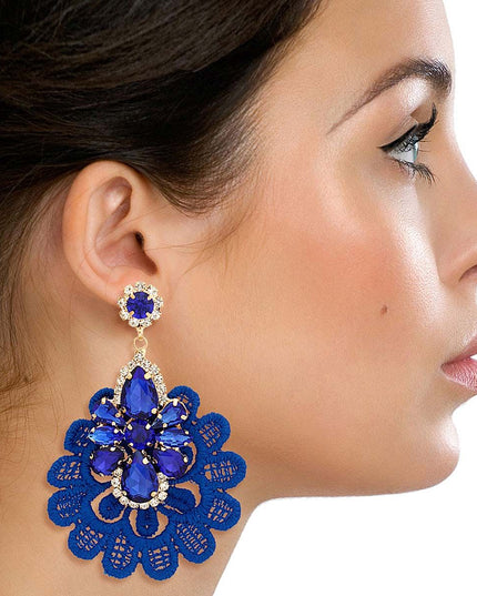 Royal Blue Fabric Lace Crystal Earrings