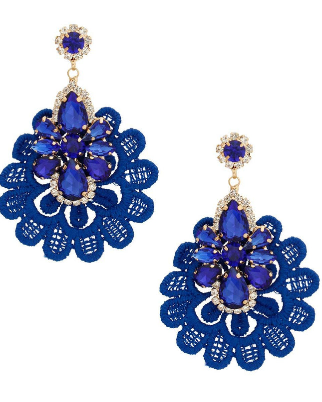 Royal Blue Fabric Lace Crystal Earrings