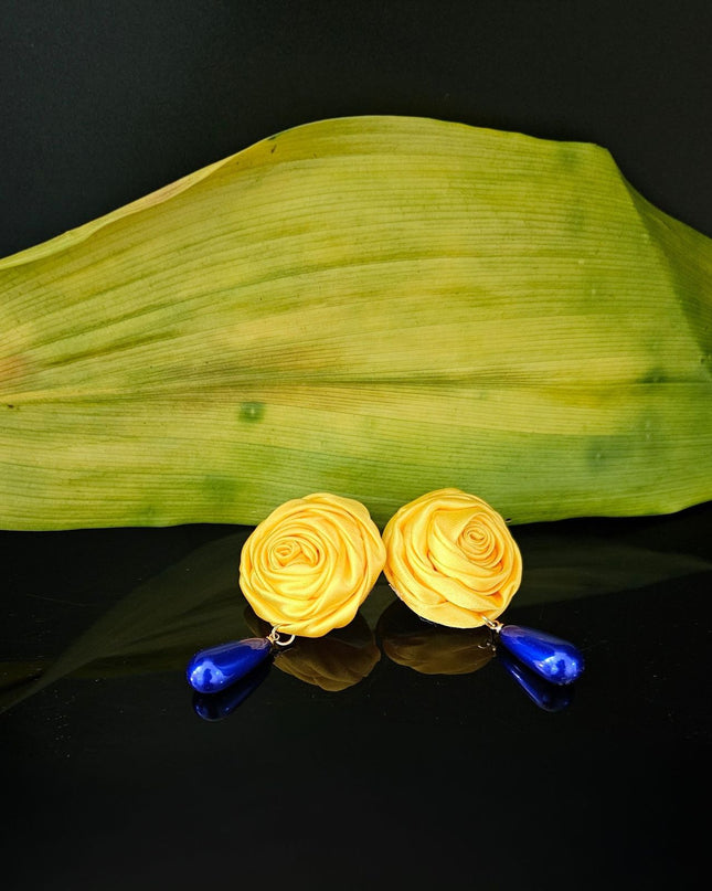 SGRHO Gold Rose Blue Pearl Teardrop Stud Earrings