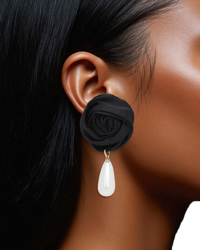 Stud Black Rose White Pearl Teardrop Earrings