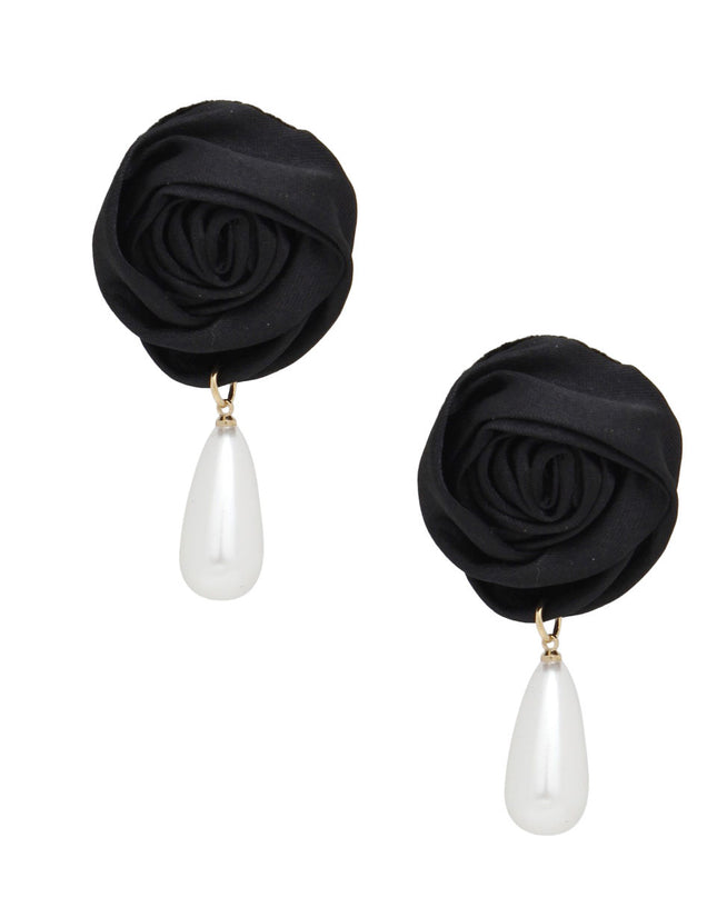 Stud Black Rose White Pearl Teardrop Earrings