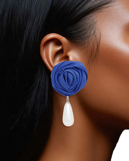 ZPB Blue Rose White Pearl Teardrop Stud Earrings