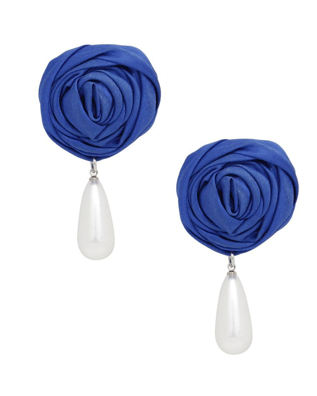 ZPB Blue Rose White Pearl Teardrop Stud Earrings