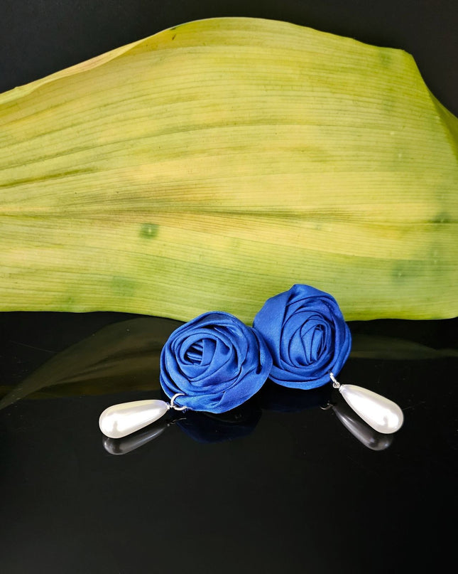 ZPB Blue Rose White Pearl Teardrop Stud Earrings