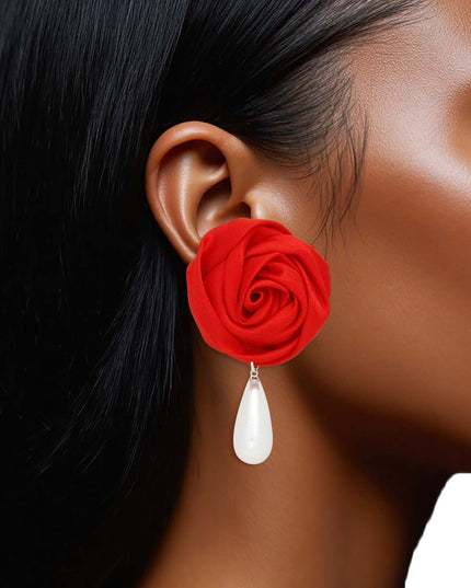DST Red Rose White Pearl Teardrop Stud Earrings