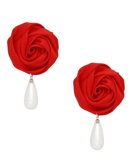 DST Red Rose White Pearl Teardrop Stud Earrings