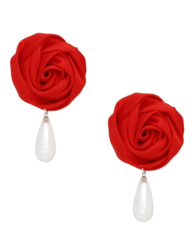 DST Red Rose White Pearl Teardrop Stud Earrings