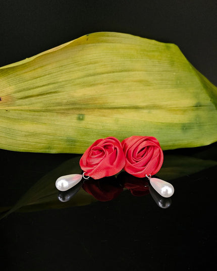DST Red Rose White Pearl Teardrop Stud Earrings