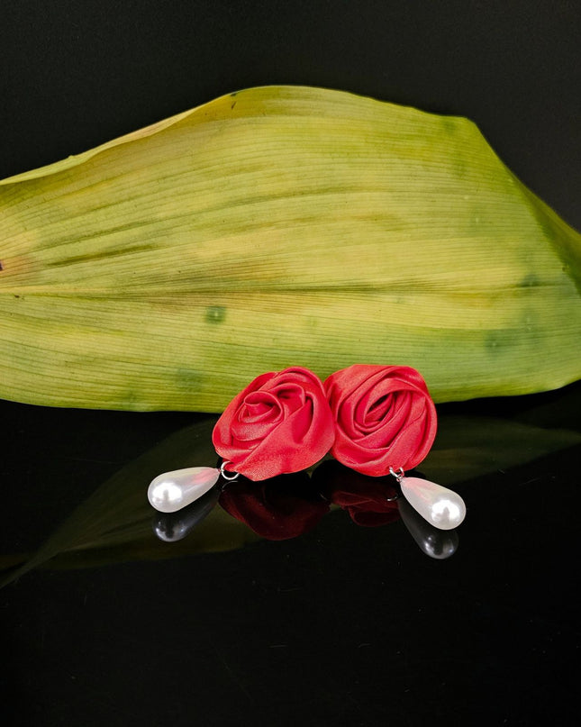 DST Red Rose White Pearl Teardrop Stud Earrings