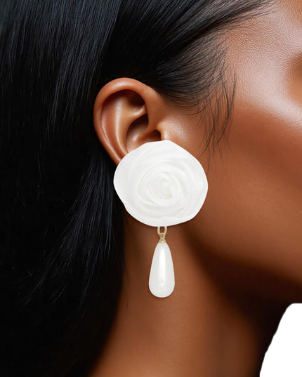 Stud White Rose White Pearl Teardrop Earrings