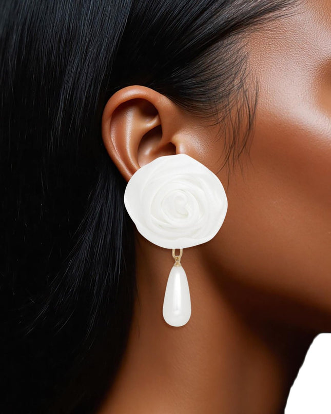 Stud White Rose White Pearl Teardrop Earrings