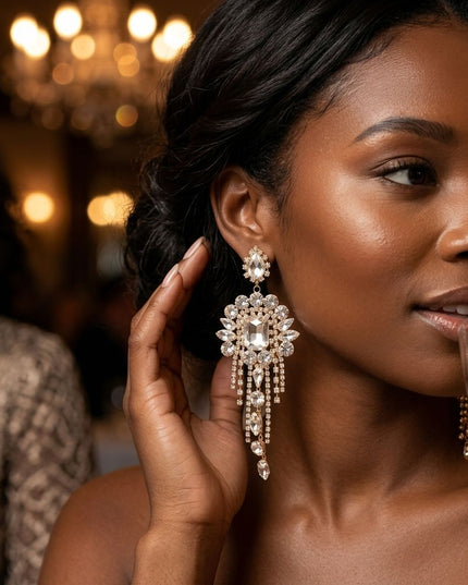 Gold Arched Glass Crystal Chandelier Earrings