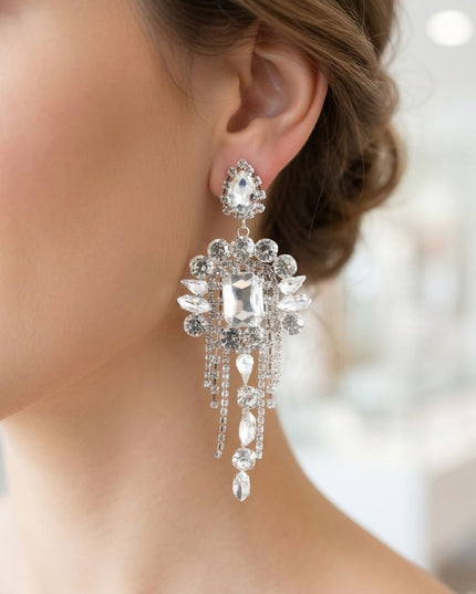Silver Arched Glass Crystal Chandelier Earrings