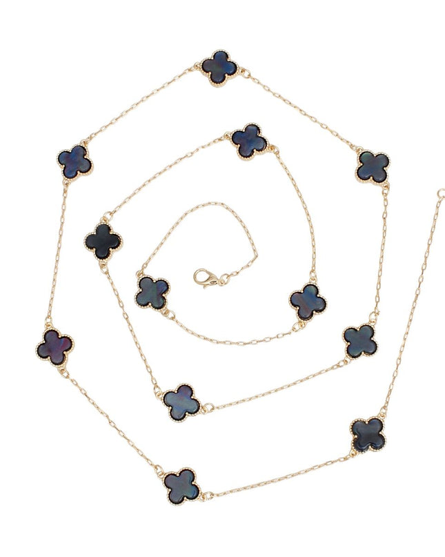 Long Necklace Gray Black Quatrefoil 12 Motifs