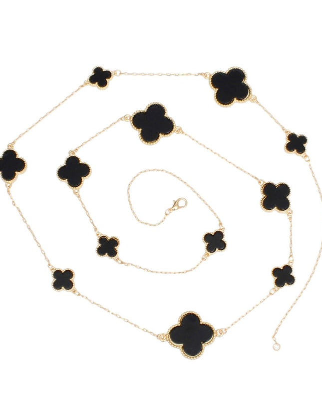 Long Necklace Gold Black Quatrefoil Large Motifs
