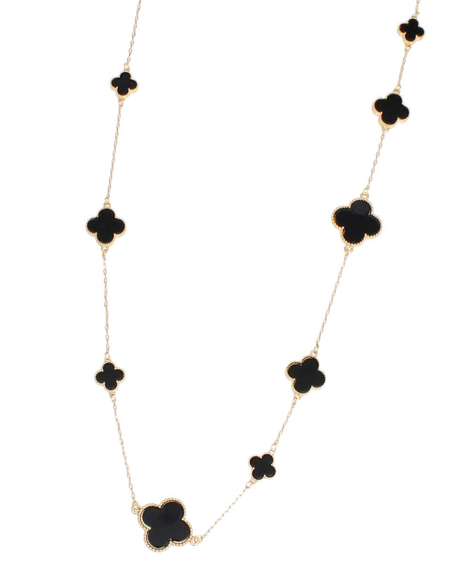 Long Necklace Gold Black Quatrefoil Large Motifs