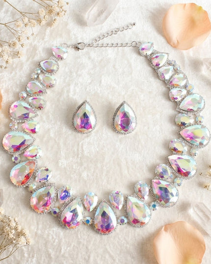Silver Aurbo Glass Teardrop Crystal Collar Necklace