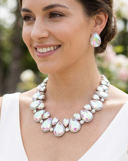 Silver Aurbo Glass Teardrop Crystal Collar Necklace