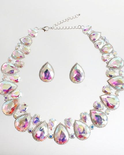 Silver Aurbo Glass Teardrop Crystal Collar Necklace