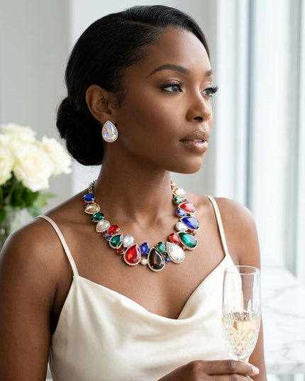 Dark Multi Glass Teardrop Crystal Collar Necklace