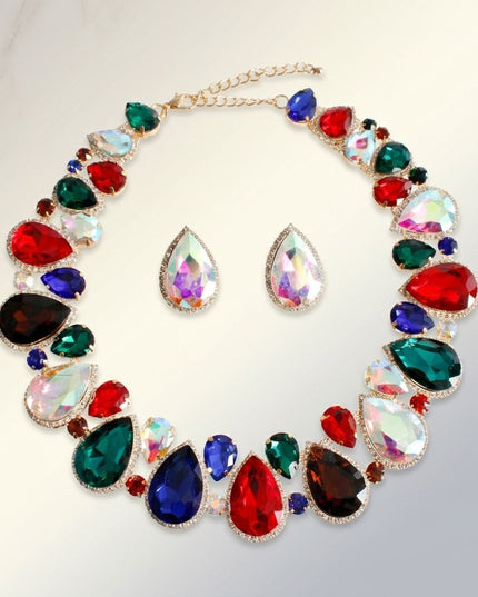 Dark Multi Glass Teardrop Crystal Collar Necklace