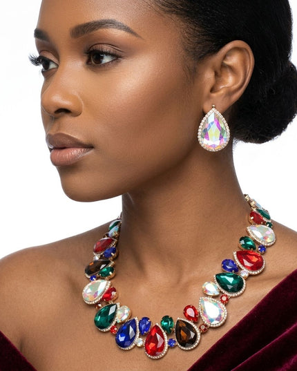 Dark Multi Glass Teardrop Crystal Collar Necklace