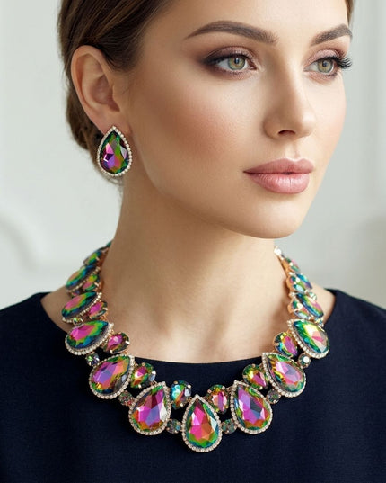 Pink Green Glass Teardrop Crystal Collar Necklace