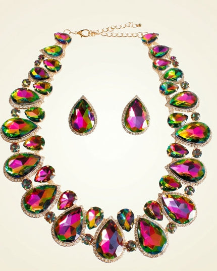 Pink Green Glass Teardrop Crystal Collar Necklace