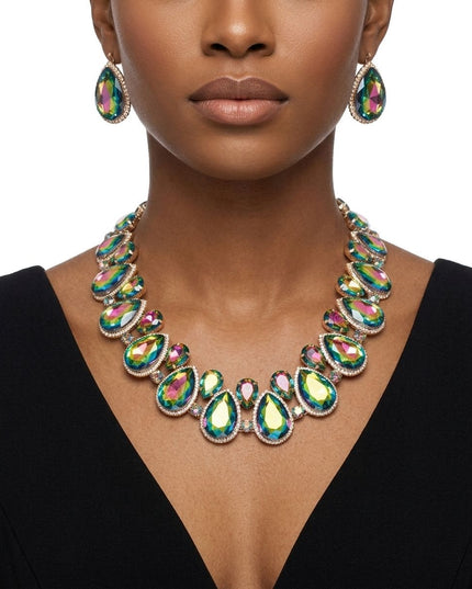 Pink Green Glass Teardrop Crystal Collar Necklace
