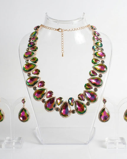 Pink Green Glass Teardrop Crystal Collar Necklace