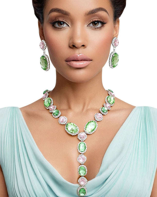 AKA Sorority Formal Pink Green Crystal Y Necklace