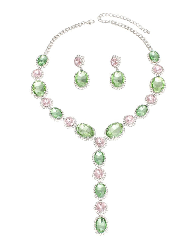 AKA Sorority Formal Pink Green Crystal Y Necklace