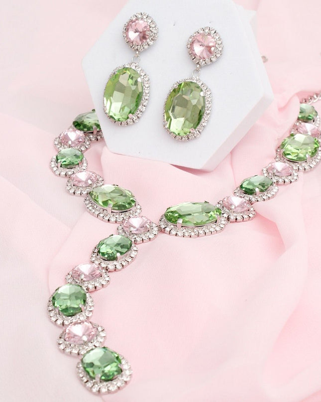 AKA Sorority Formal Pink Green Crystal Y Necklace