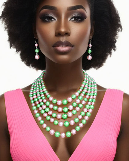 AKA Alternating Pink Green Pearl 5 Strand Necklace