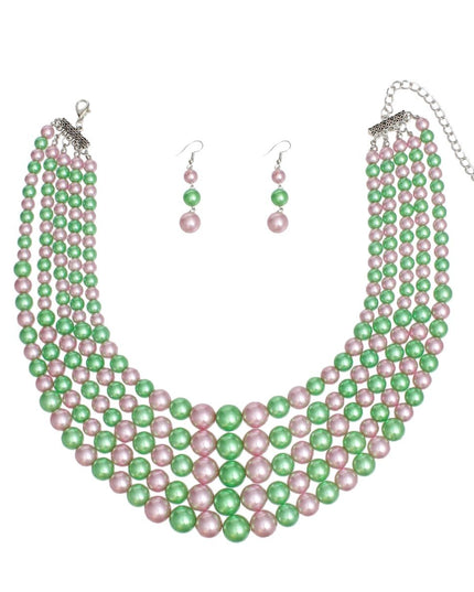 AKA Alternating Pink Green Pearl 5 Strand Necklace