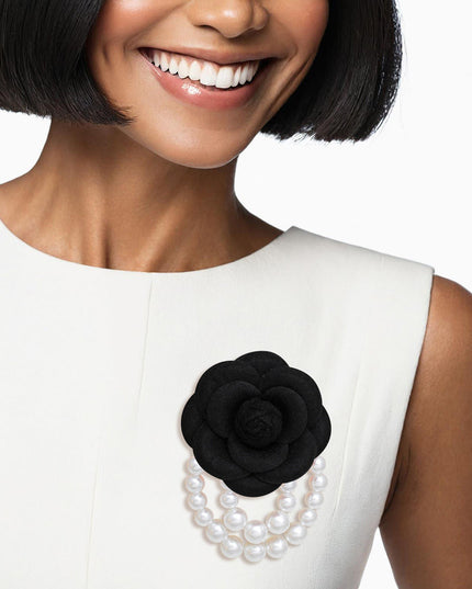 Brooch Black Flower Draped White Pearls Pin