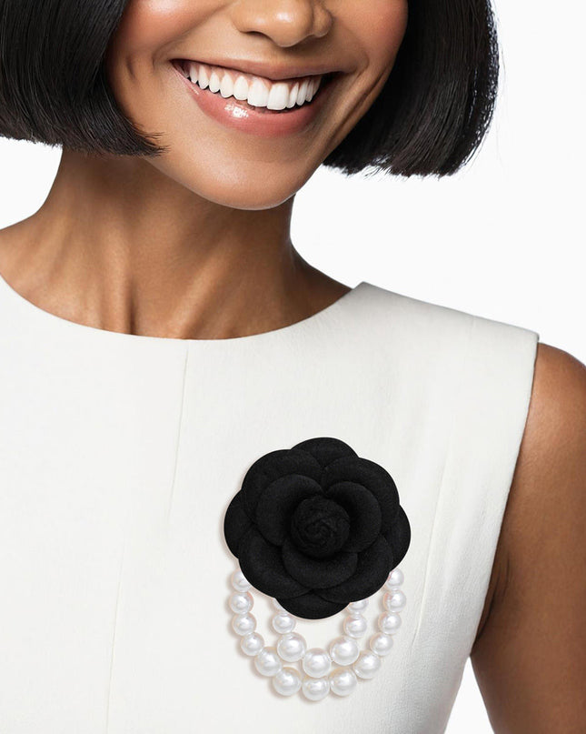 Brooch Black Flower Draped White Pearls Pin