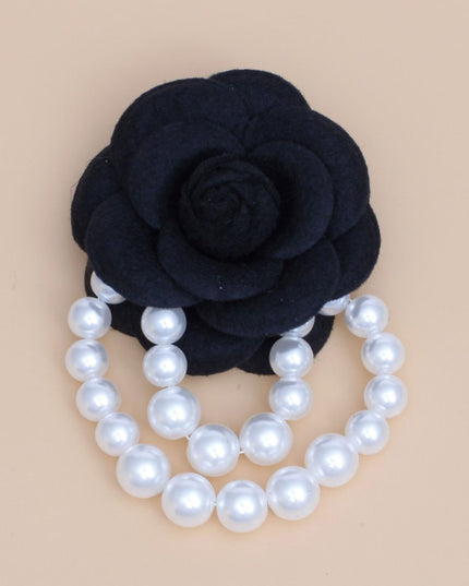 Brooch Black Flower Draped White Pearls Pin